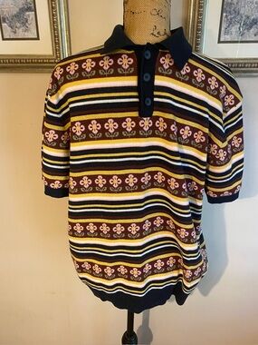 ZARA MAN FLORAL KNIT JACQUARD POLO SHIRT Size LG Short Sleeve Rib Trim Relax Fit